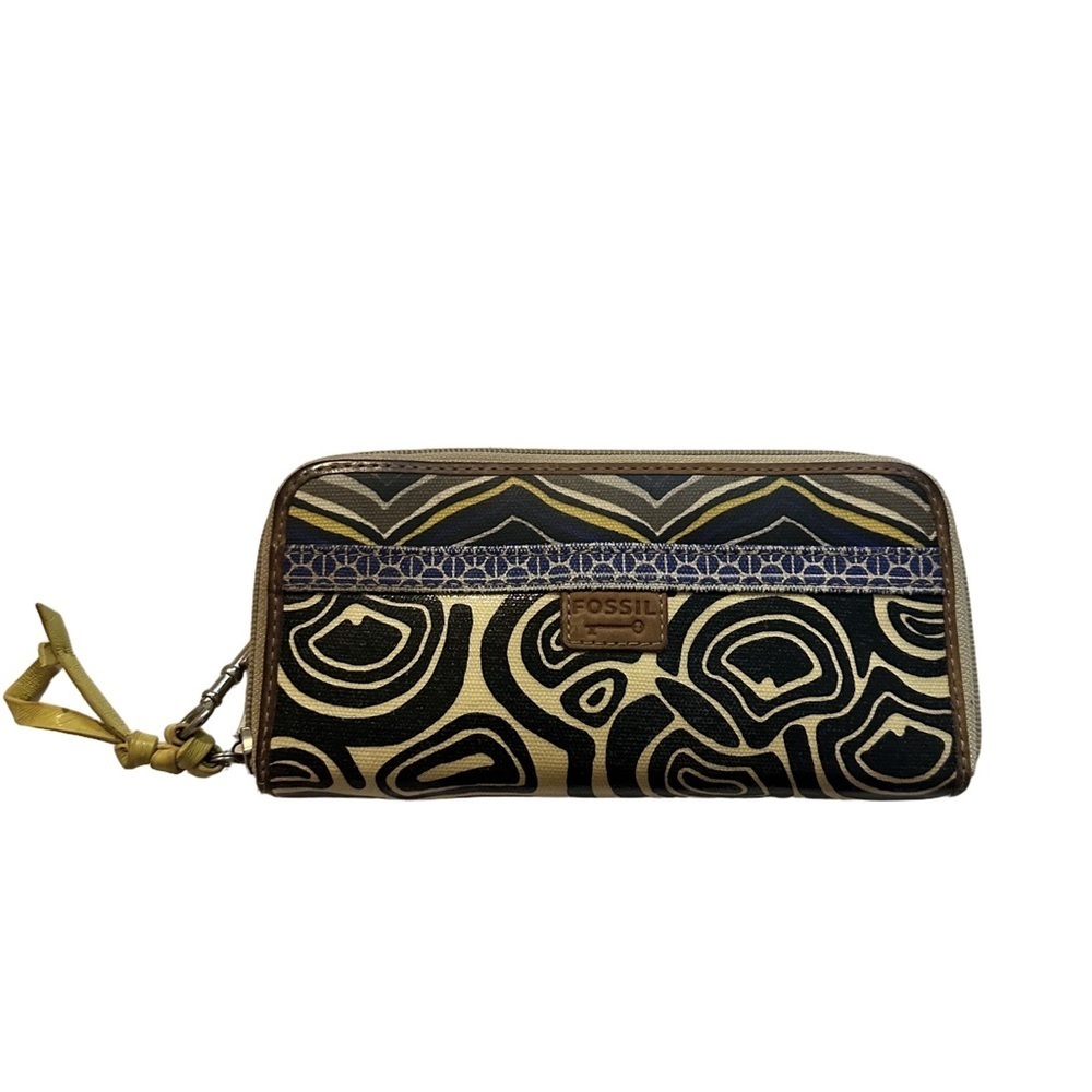 Fossil KEY-PER Wristlet Coated Wallet Clutch Zipper Organizer Yellow Blue 3792
